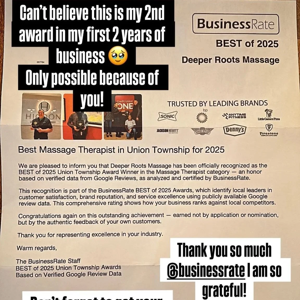 A certificate of recognition for Deeper Roots Massage as the Best Massage Therapist in Union Township for 2025, awarded by BusinessRate based on verified Google reviews, with images of three people receiving awards and logos of trusted brands.