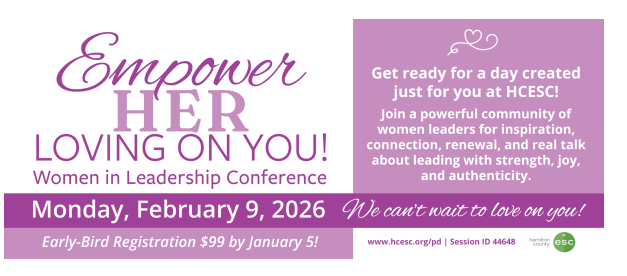 Conference advertisement promoting 'Empower Her Loving On You! Women in Leadership Conference' on February 9, 2026, with early-bird registration pricing and information on registration deadline, location, and session ID.