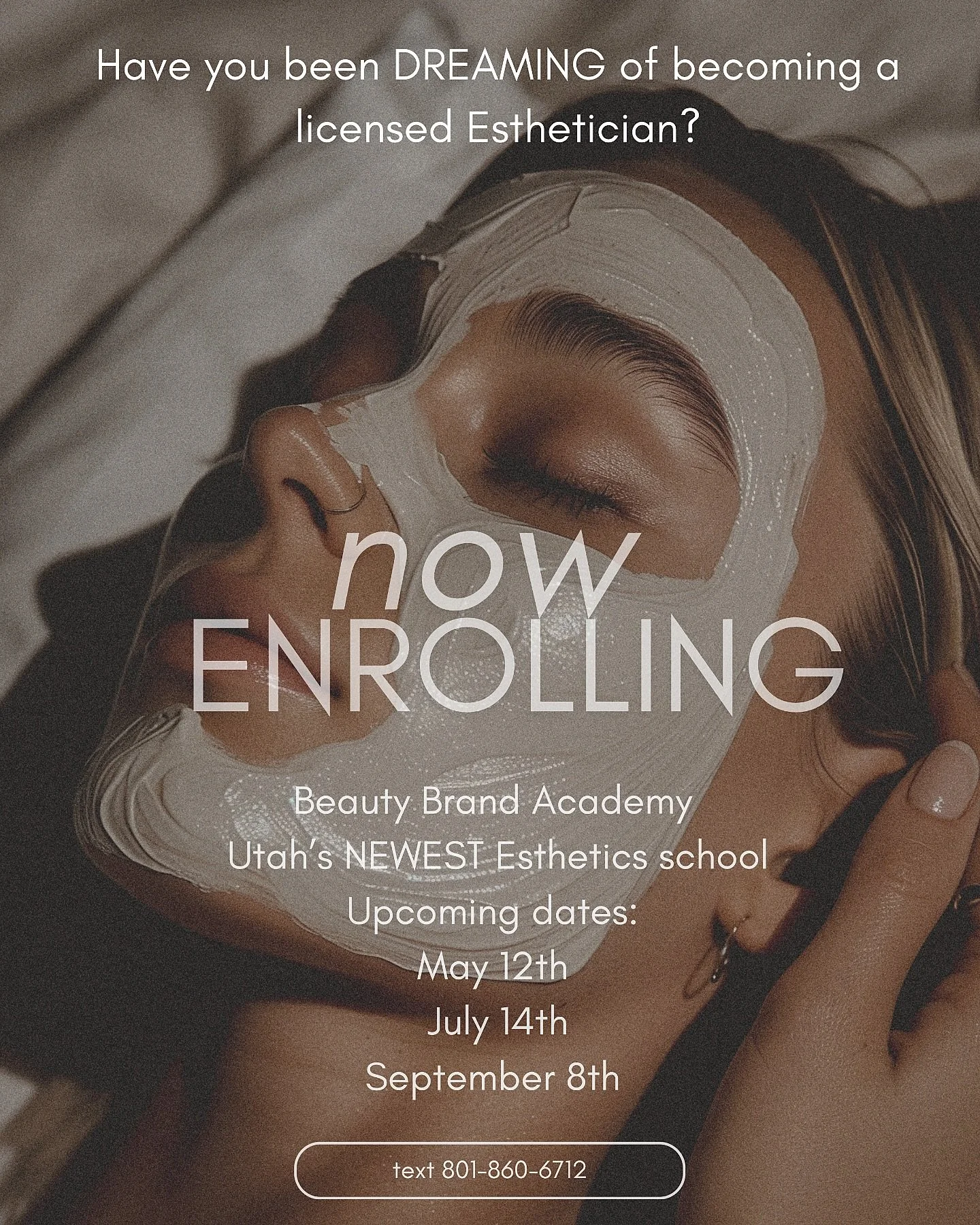 🤍Utahs NEWEST Esthetics school is enrolling for our spring - summer classes! Contact us today for registration information. Classes book up quickly as we only have 6 open seats per class. Call or text us at 801-860-6712 or visit www.beautybrandacade