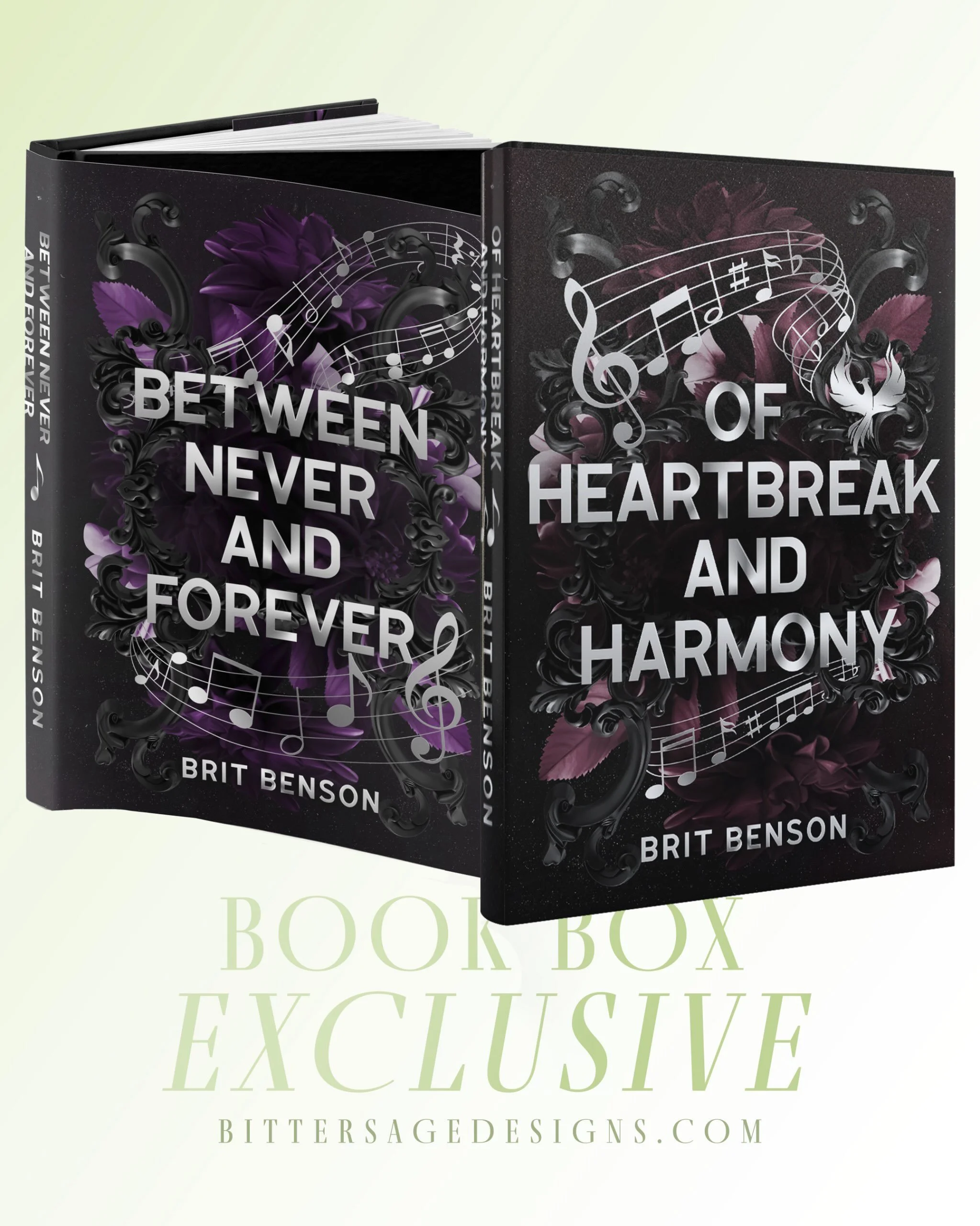 Book Box Exlusive Dust Jacket Designs for Between Never And Forever &amp; Of Heartbreak And Harmony by Brit Benson for @themystic.box 🖤

I loved loved working on these two covers. Such an honor executing the designs, putting all the pieces together 