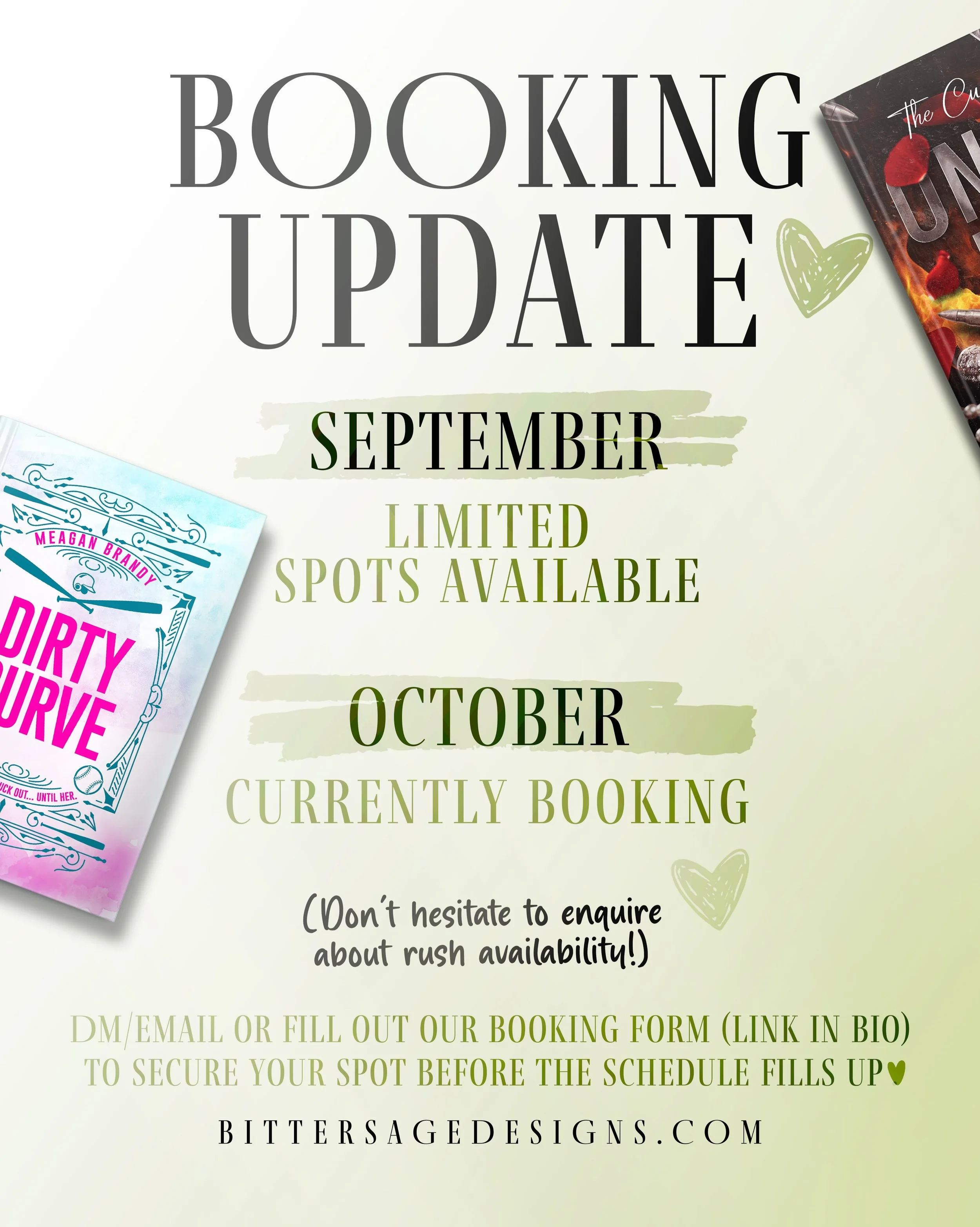 Booking update! 

As always, our full service list can be found in our website (link in bio) alongside our booking form!

&mdash; We have reserved spots for rush projects - don&rsquo;t hesitate to reach out if you have a tight deadline 🤍

Xx
Bee &am