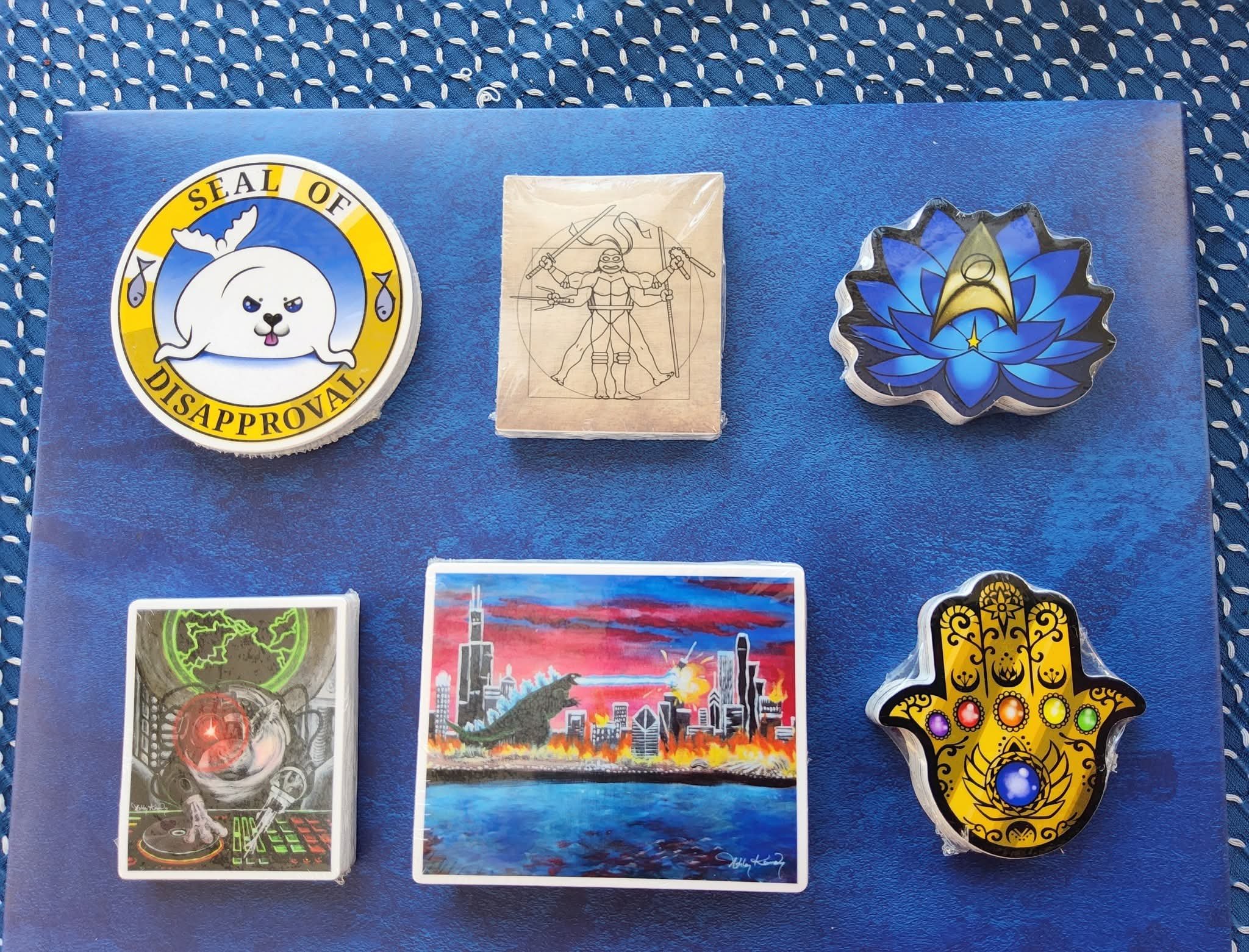 seal of disapproval, Vitruvian turtle, Infinity Hand of Fatima, Godzilla vs Chicago, Locuteness of Borg, Star Trek Lotus, stickers, sticker