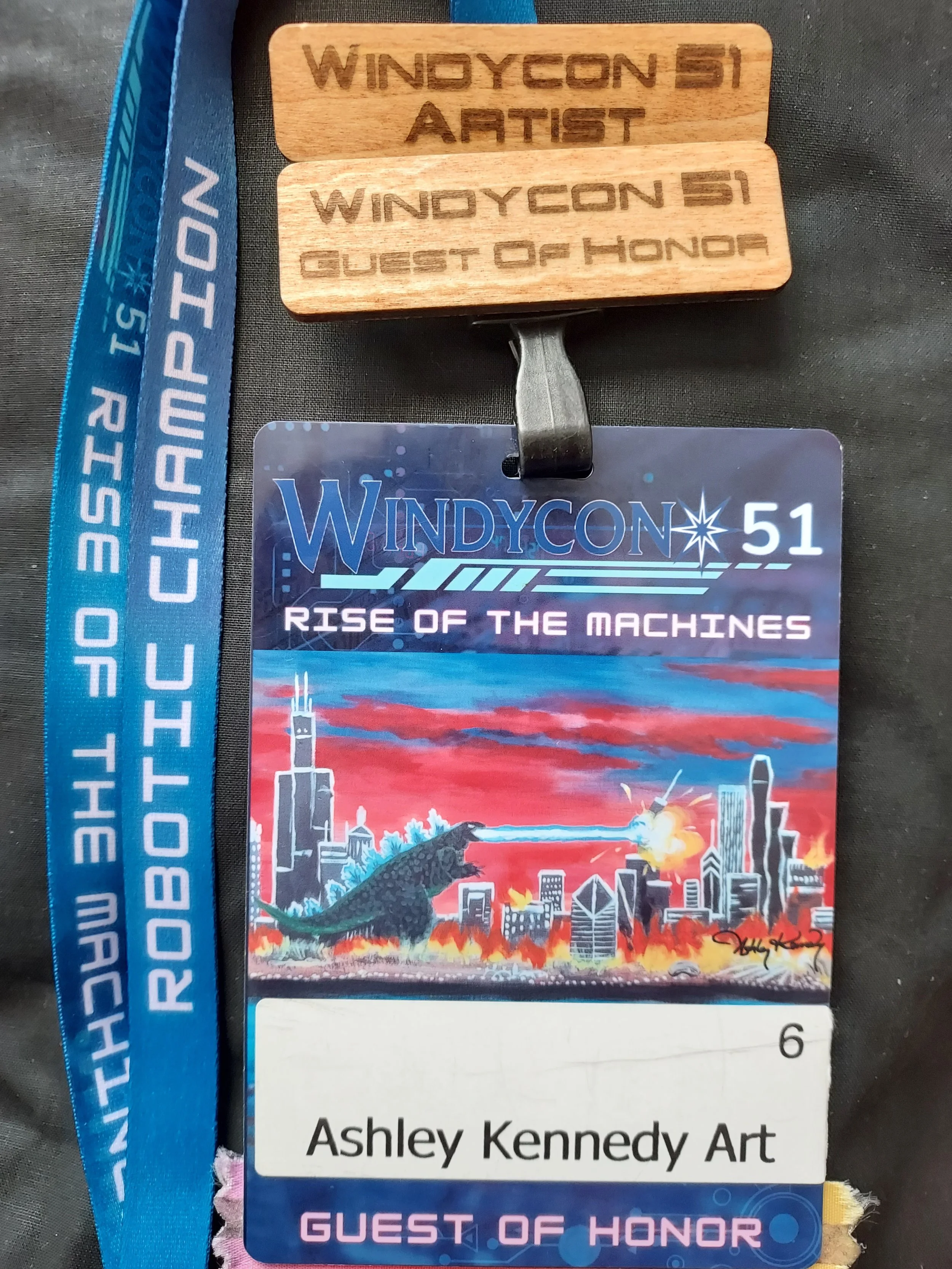 windycon badge, windycon, windycon 51, badge art, ashleykennedyart, godzilla vs chicago, sci-fi art chicago, fuck trump, Godzilla blows up trump tower