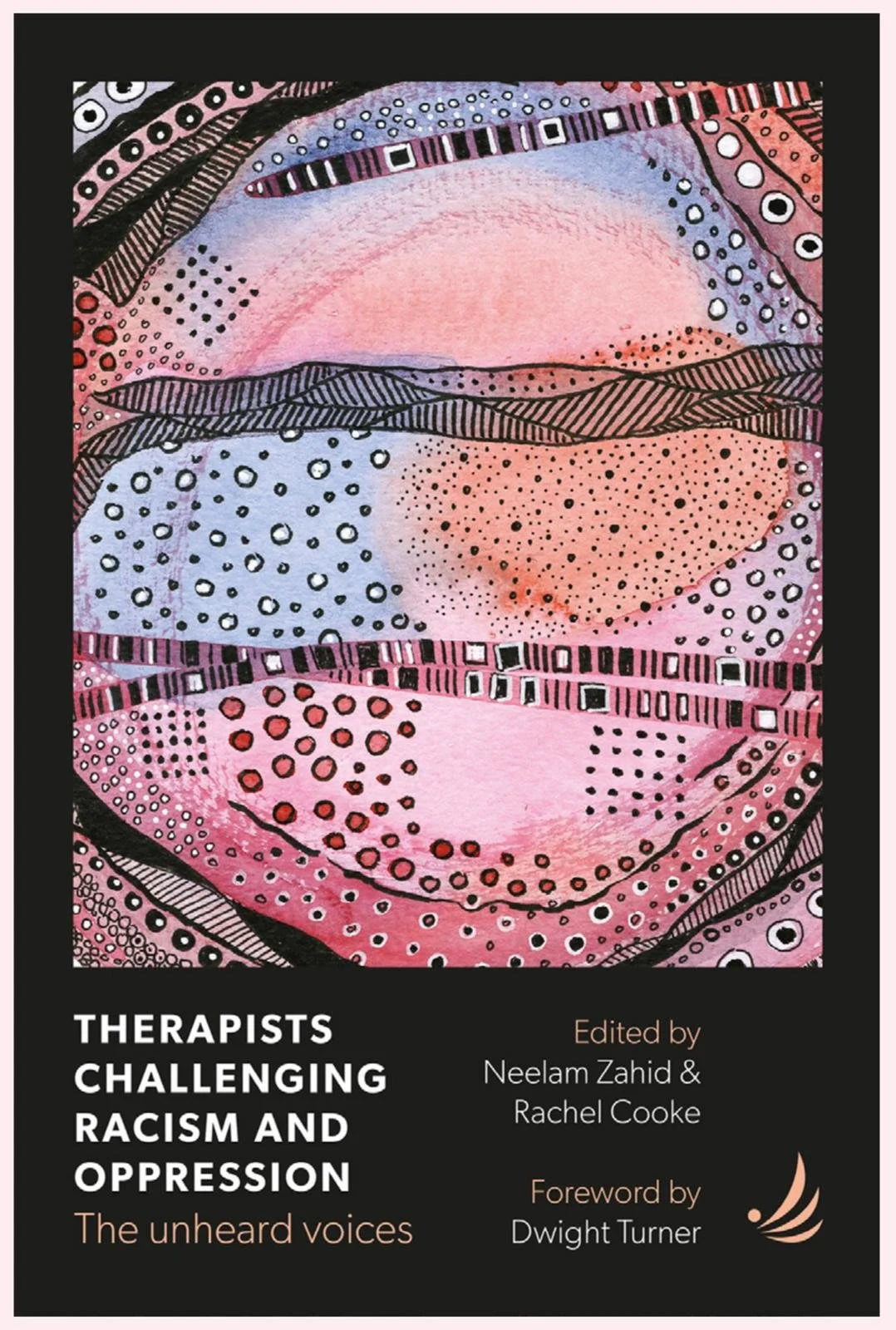 Book cover titled "Therapists Challenging Racism and Oppression" with abstract, colorful artwork featuring patterns of dots, lines, and shapes in pink, purple, black, and white.