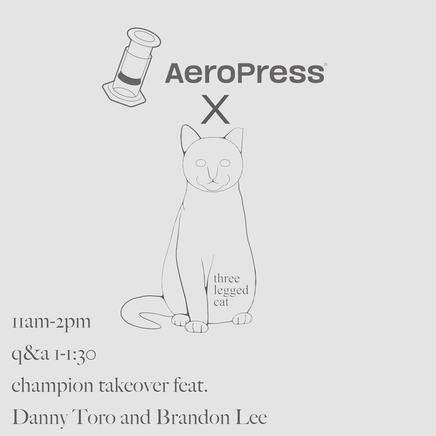 This Saturday come taste @aero.press US national champions @brandonleedp &lsquo;23 and @weekndbrew &lsquo;24 brew their winning recipes on the @threeleggedcatbk bar! 

Brewing from 11am-2pm
Q&amp;A from 1-1:30
