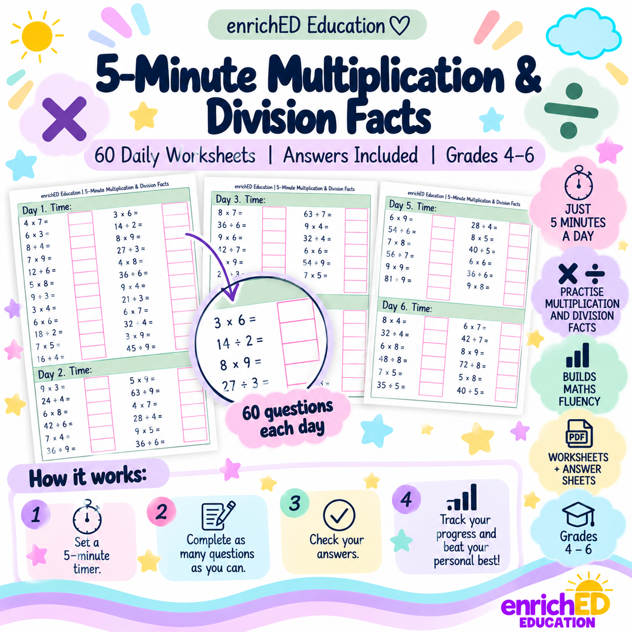 5-Minute Multiplication & Division Facts | 60 Daily Activities + Answer Key