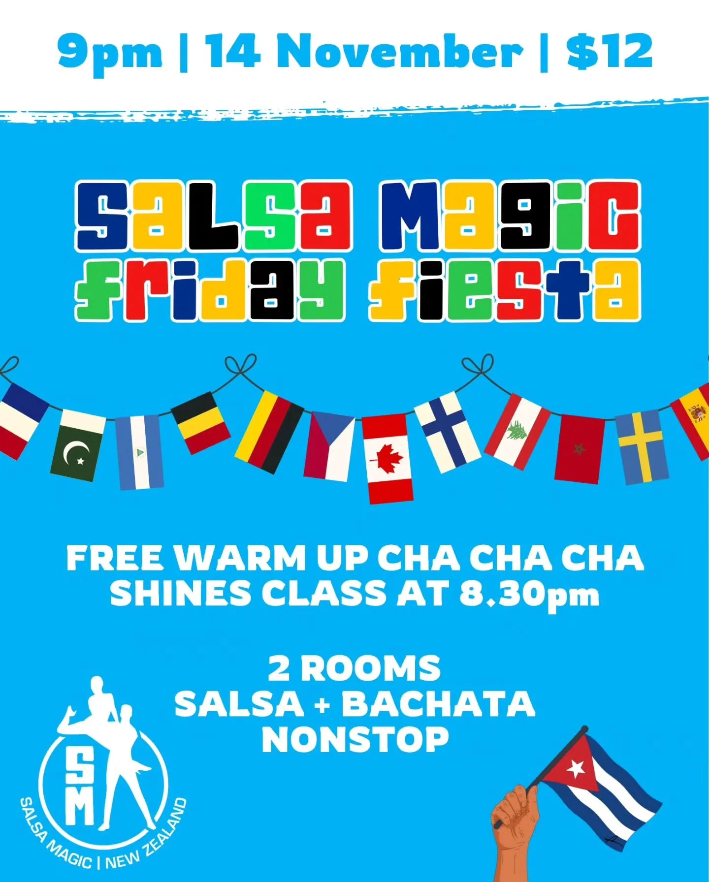 🥳 Friday 14 November 🥳
We are super excited to bring you our next Friday Fiesta in November!
It's a celebration of our diverse Latin Dance community here in Wellington! Come dressed in the colours of your flag, country, home town, or whatever bes
