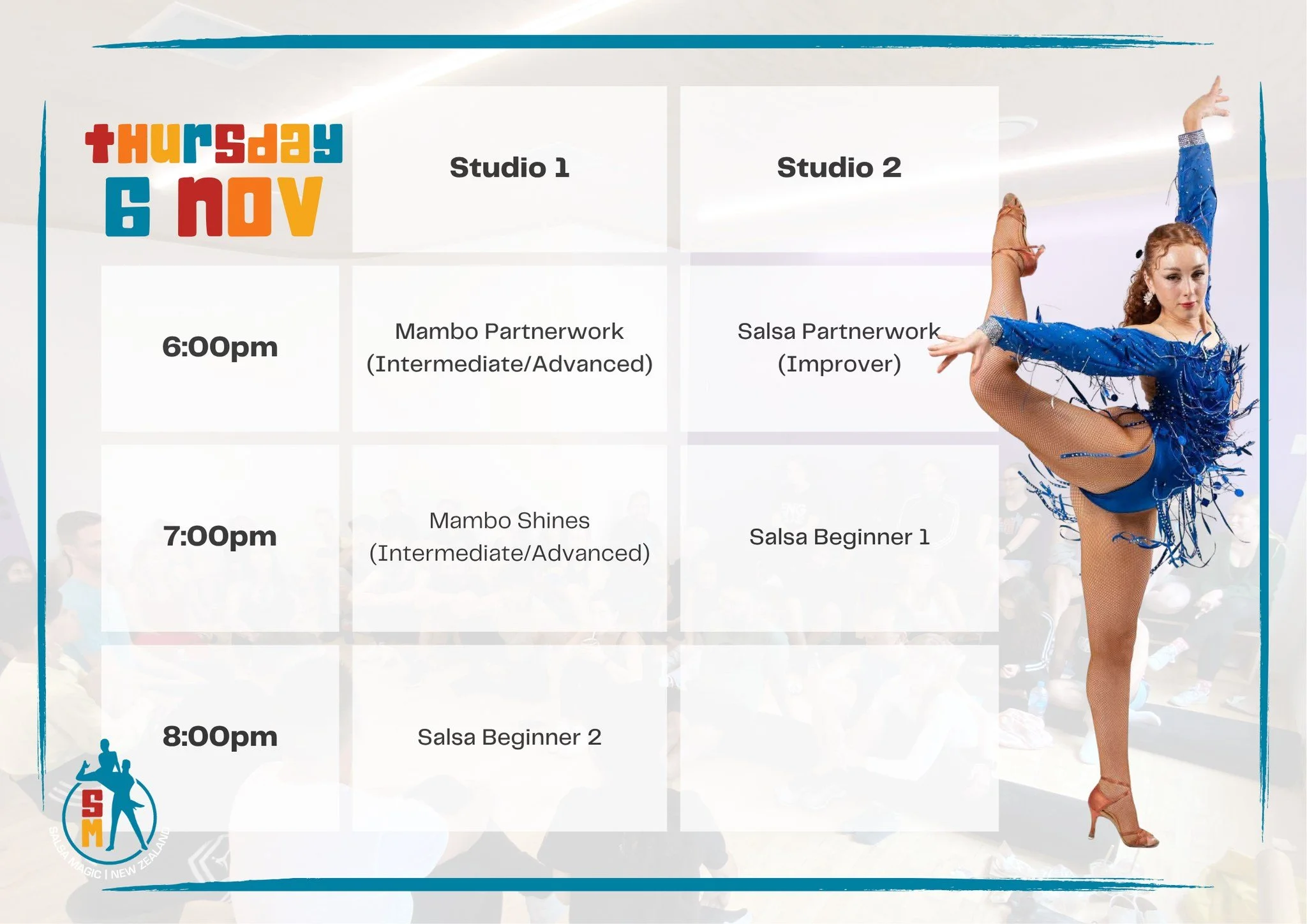 📣 Thursday 6th November timetable change 📣

We have a reduced timetable for this Thursday only the 6th of November

But, to make up for this we have a special guest @natashafrostt  coming to teach Mambo Partnerwork (Int/Adv), Mambo Shines (Int/Adv)