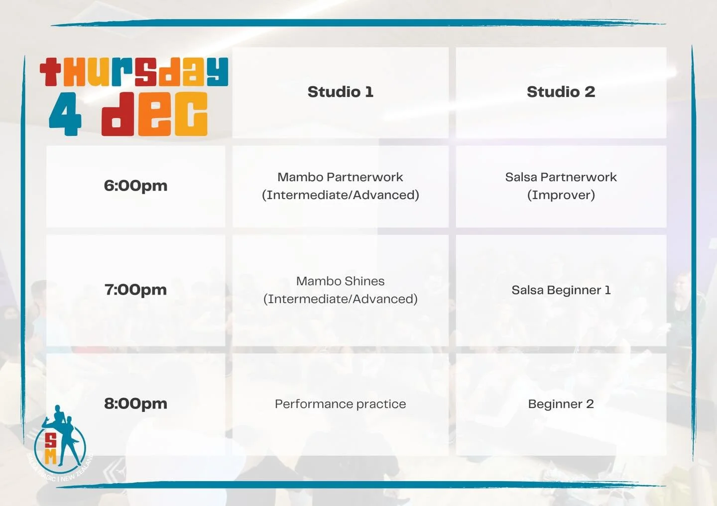 📣 REDUCED TIMETABLE TONIGHT 📣

We have a huge number of our students and teachers at the world Salsa Solo competition in the Gold Coast so we once again have a reduced timetable for tonight only.

Enjoy the night with our teachers and we will see y