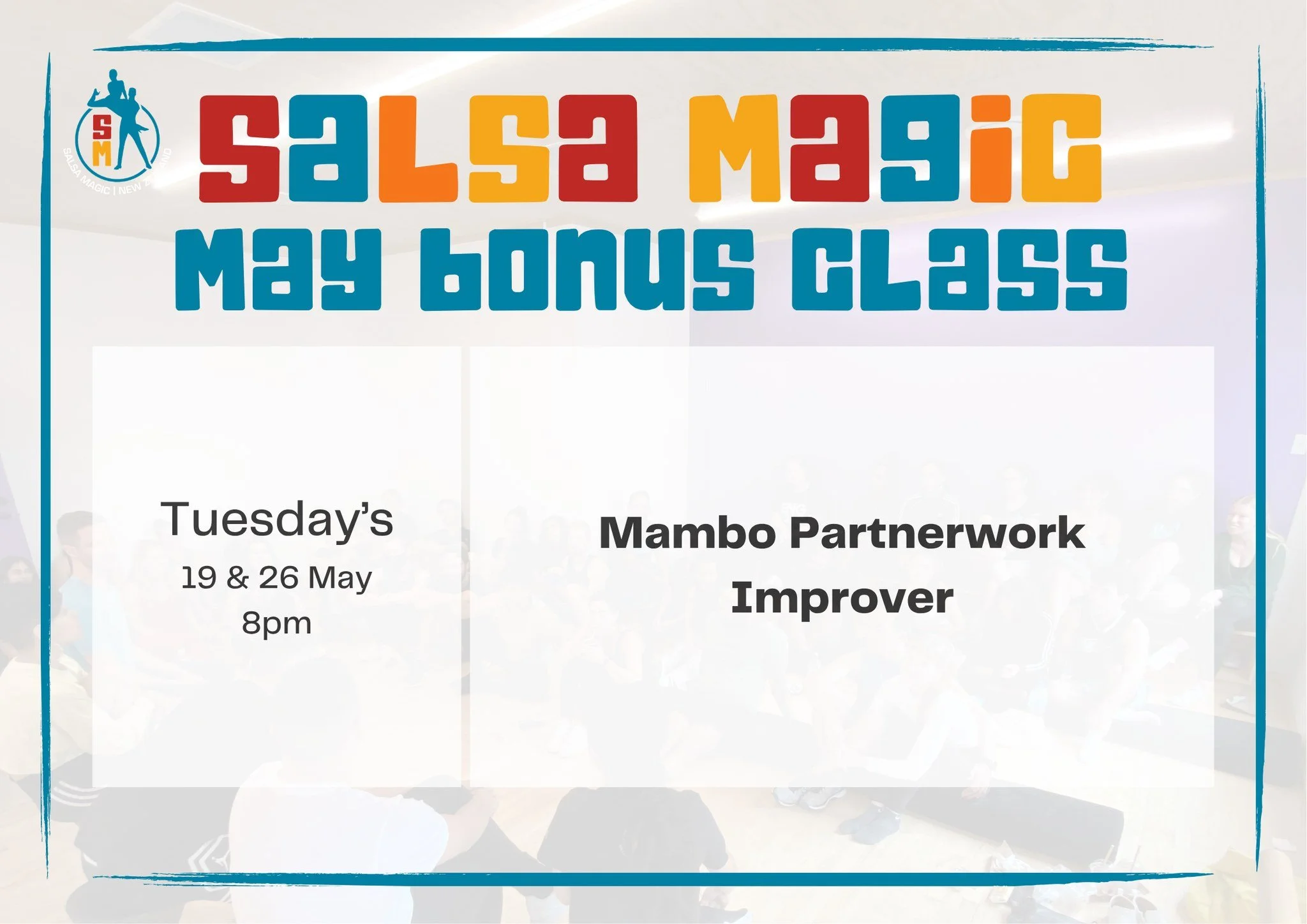 🚨 MAY BONUS CLASS 🚨

For 2 weeks only we will be running a Mambo Partnerwork Improver class 💃🕺

Running at 8pm on the 19th and 26th of May, you will learn all the Improver level fundamentals but with On2 Mambo timing 🤩

If you are interested in 