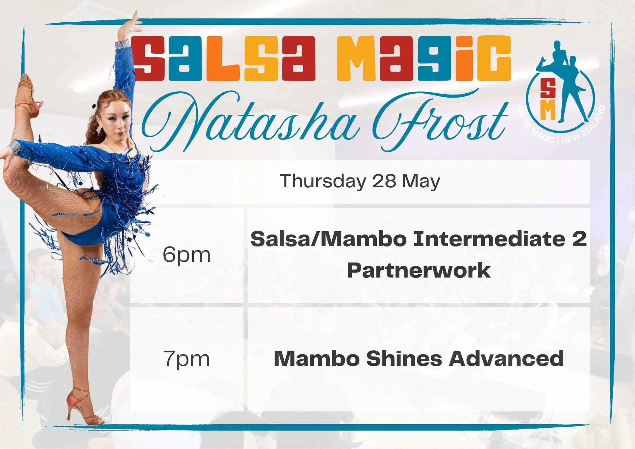 ❄ Natasha Frost Special Classes!! ❄

Ahead of the New Zealand Salsa Congress we are lucky enough to have @natashafrostt  back teaching some classes this Thursday 28th May 😍

Natasha will be teaching our regular Salsa/Mambo Intermediate 2 class with 