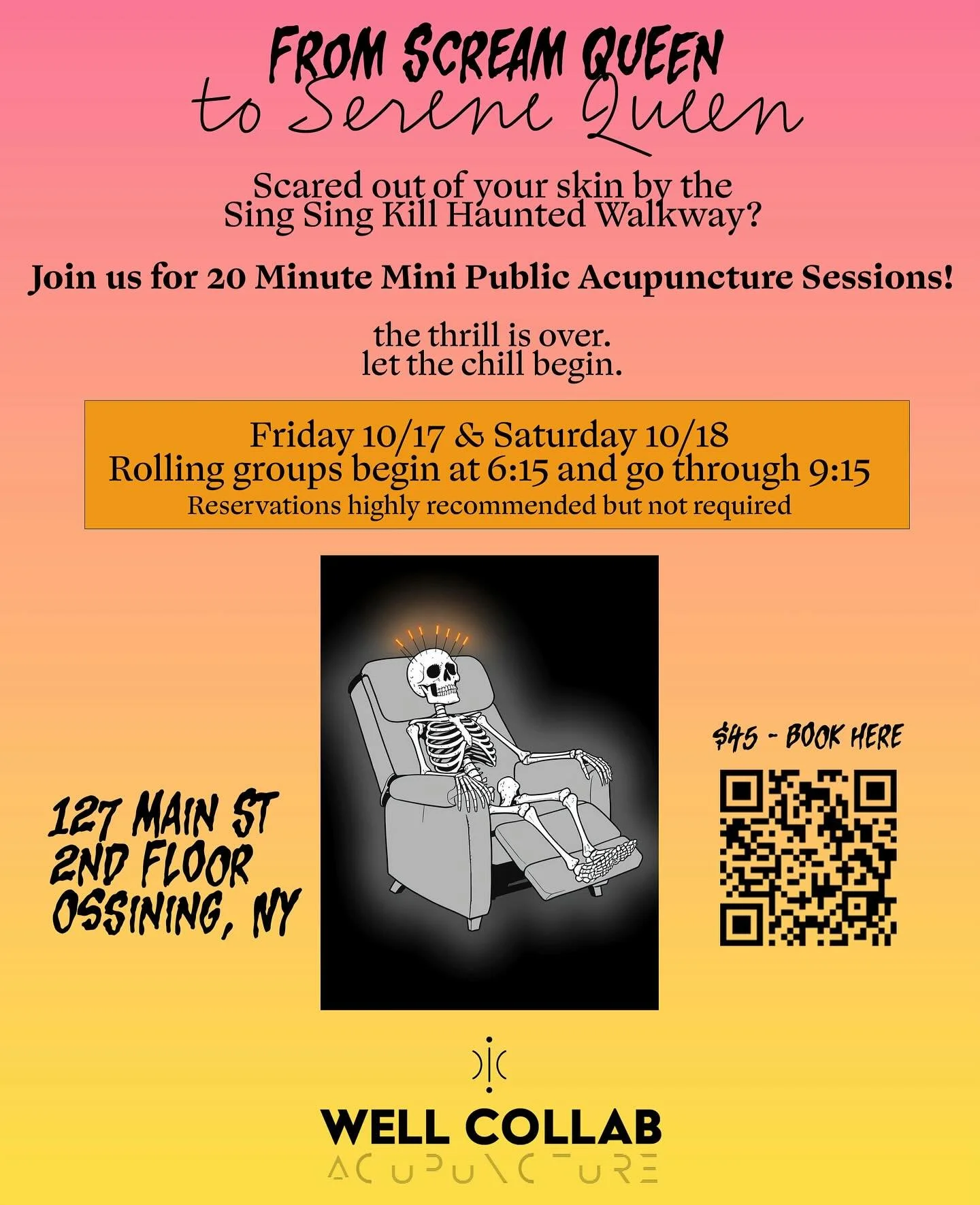 Join me October 17th + 18th for a post-scare reset! 20 minute mini Public Acupuncture sessions after your Haunted Walkway thrills… 🧟‍♀️ 🧟‍♀️