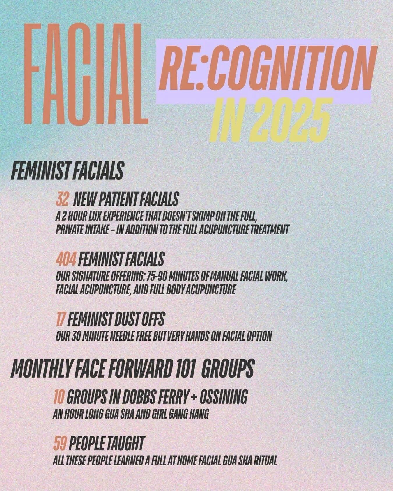 My end of year roundup is here and I actually can&rsquo;t believe I averaged 8.7 facials a week in 2025 🤯 not only that, but nearly 60 people attended my Face Forward groups 🥹 

✨ I&rsquo;m looking forward to what the face work that I do will evolv