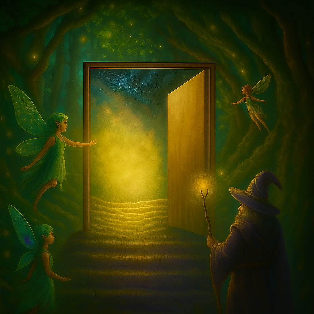 A mystical market scene at night with vendors and shoppers in hooded cloaks, illuminated by glowing purple and blue lights, surrounded by floating lanterns and enchanted artifacts.