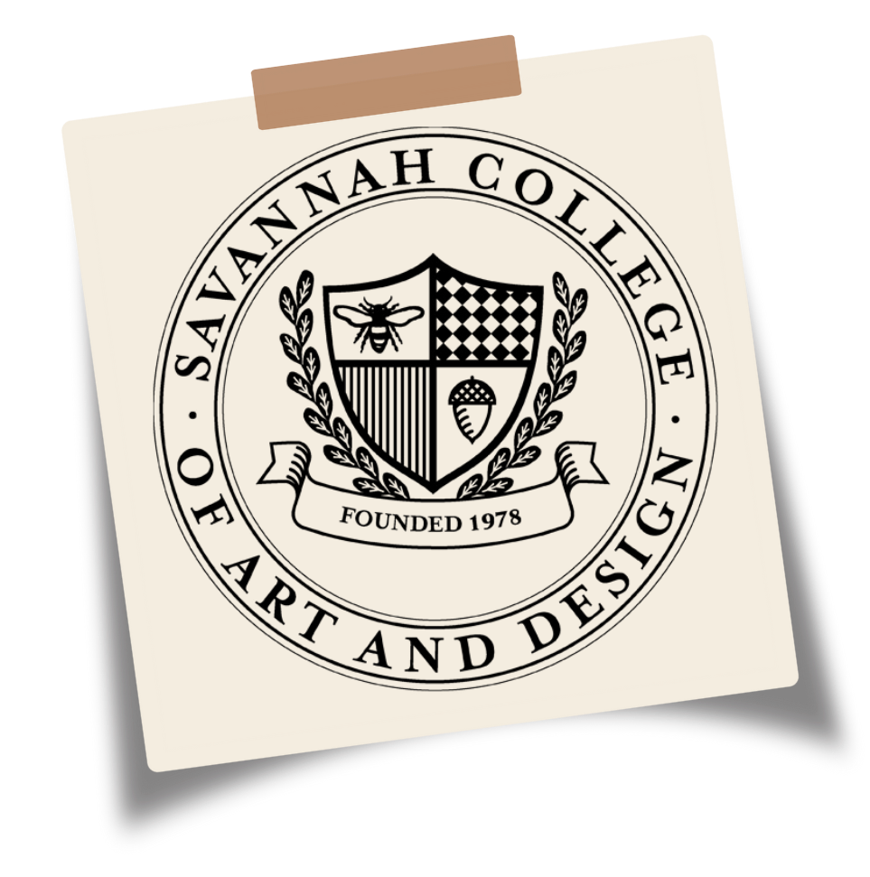 A sticker with the emblem of Savannah College of Art and Design (SCAD), including a shield with a bee, checkerboard, stripes, and acorn, surrounded by a laurel wreath and the text: 'Savannah College of Art and Design' and 'Founded 1978'