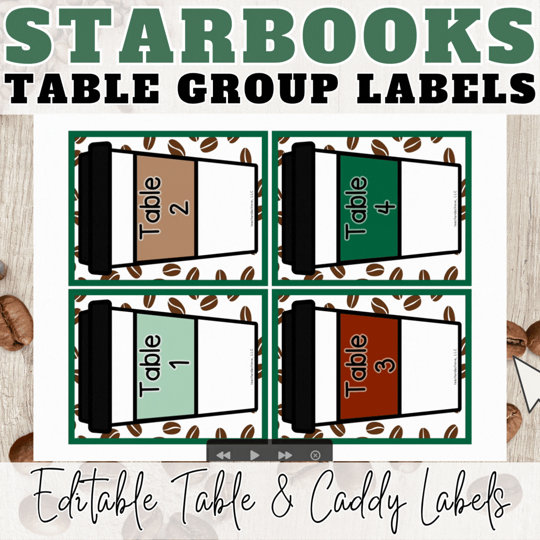 Starbooks Coffee Classroom Table Group Signs & Table Caddy Labels