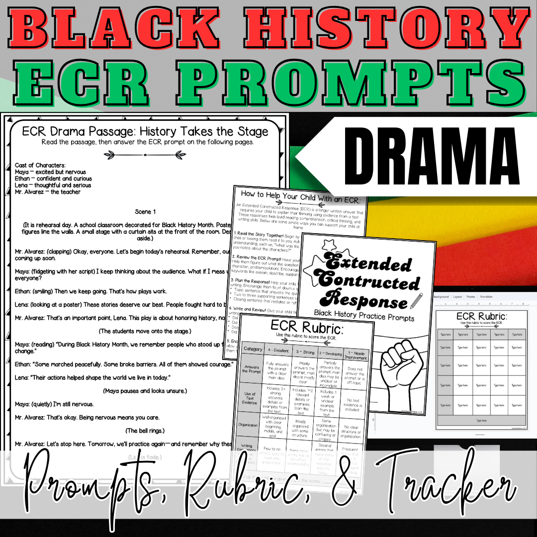 Black History Month Extended Constructed Response ECR Drama Writing Prompts for Upper Elementary
