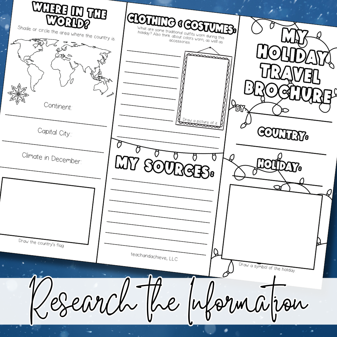 Holidays Around the World travel brochure for 3rd, 4th, and 5th grade. Students explore traditions, culture, food, and geography.