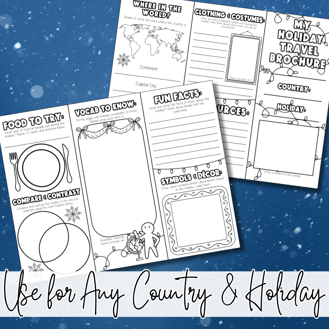 Holidays Around the World travel brochure for 3rd, 4th, and 5th grade. Students explore traditions, culture, food, and geography.