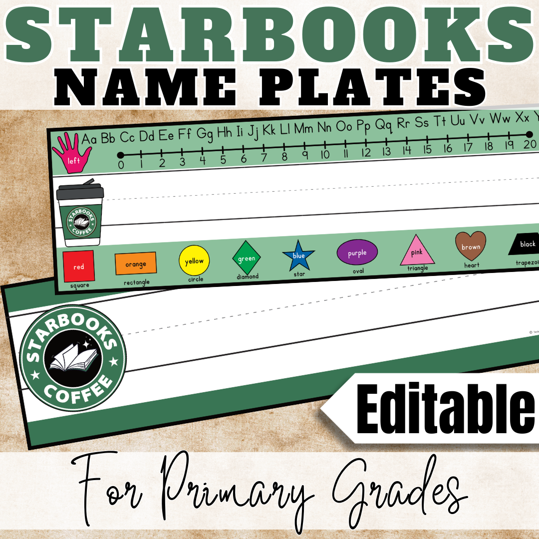 Starbooks Coffee Classroom Decor Editable Name Plates & Desk Tags with Reference Tools