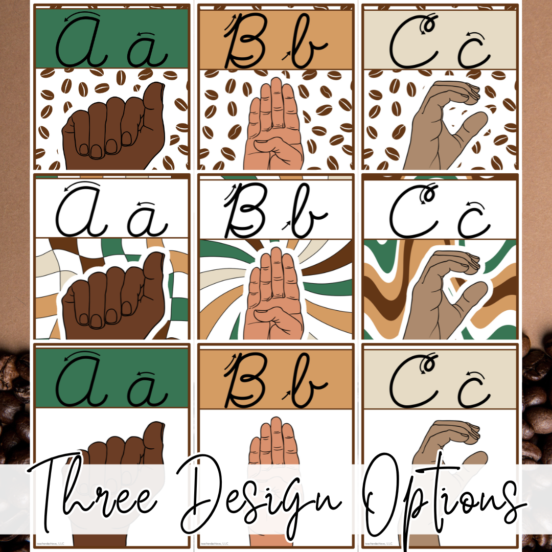 Starbooks Coffee Classroom Cursive Alphabet Posters with ASL Sign Language | Coffee Theme Decor