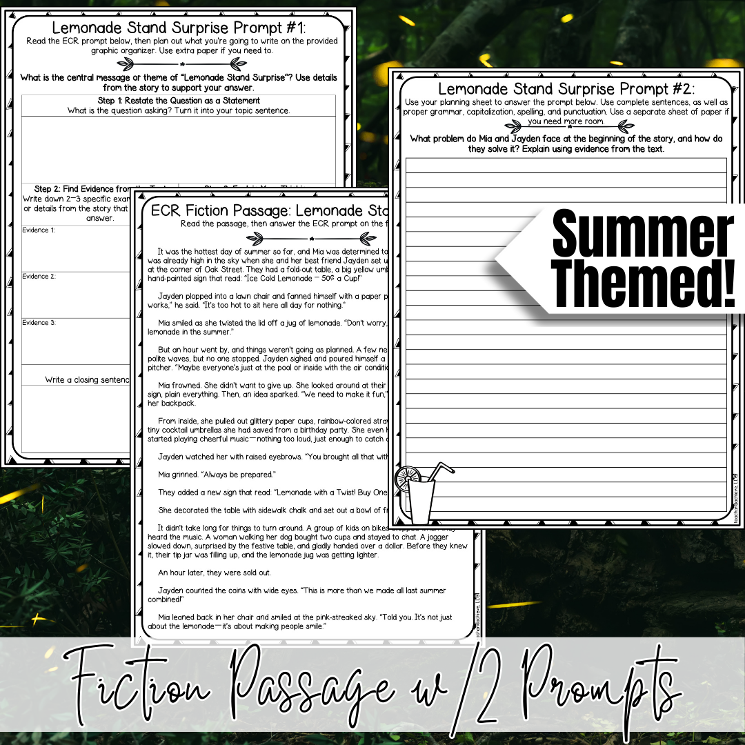 Summer ECR Writing Prompts | Fiction Extended Constructed Response Practice | Reading Comprehension Test Prep