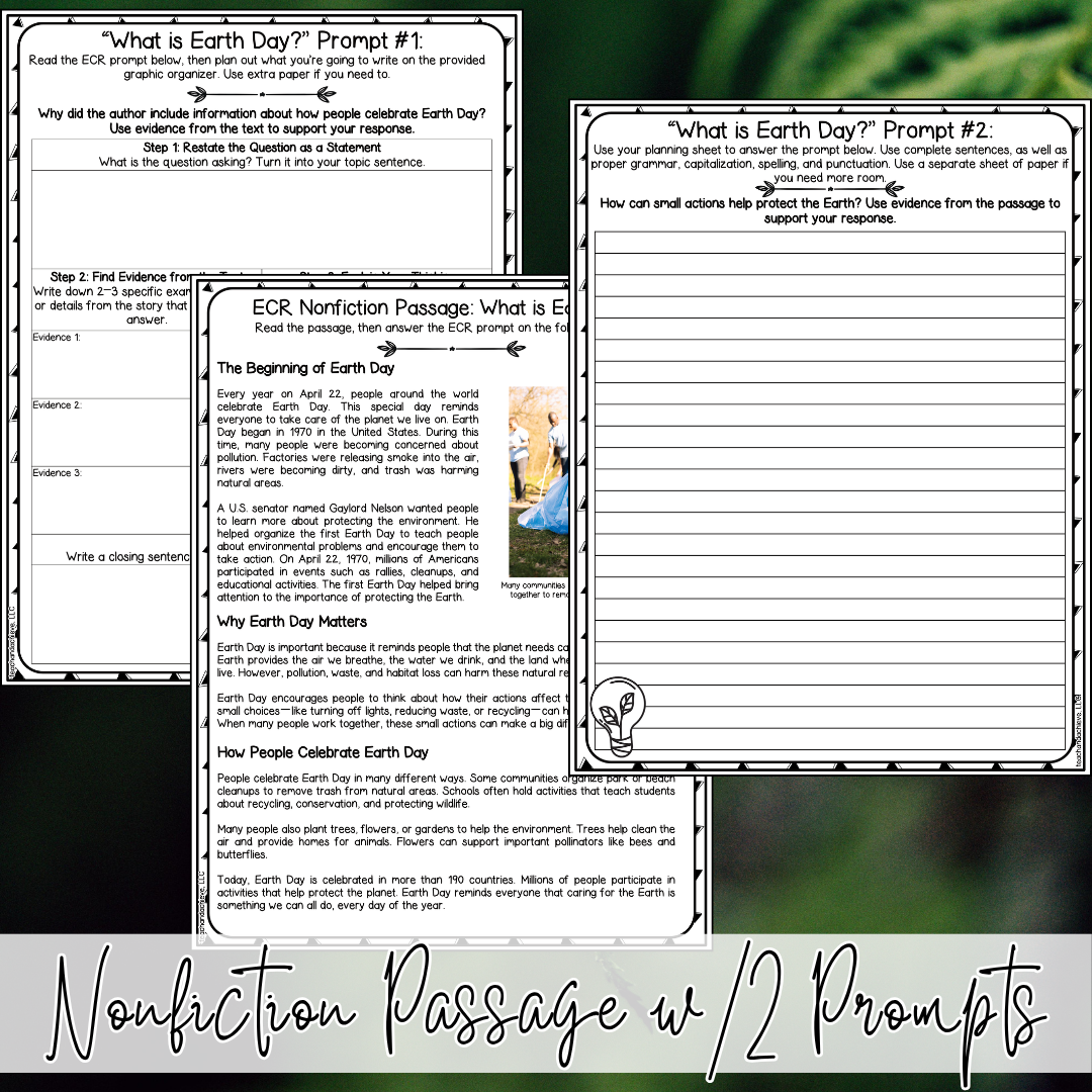 April Earth Day ECR Practice Writing Prompt Passage, Editable Nonfiction Extended Constructed Response 3rd 4th 5th Grade