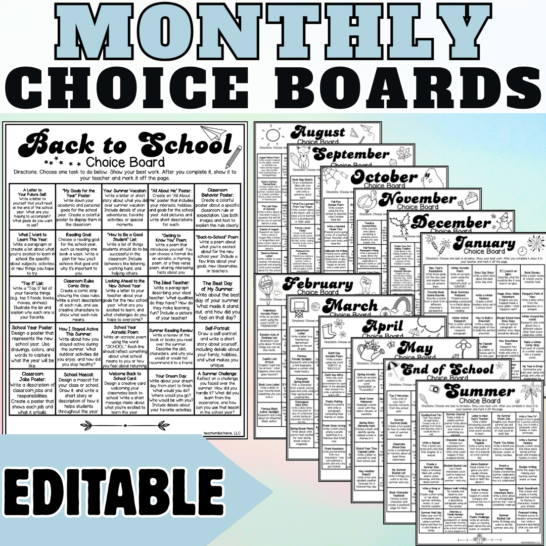 Monthly editable choice boards bundle for students featuring themed boards for each month including back to school, holidays, and end of year activities.