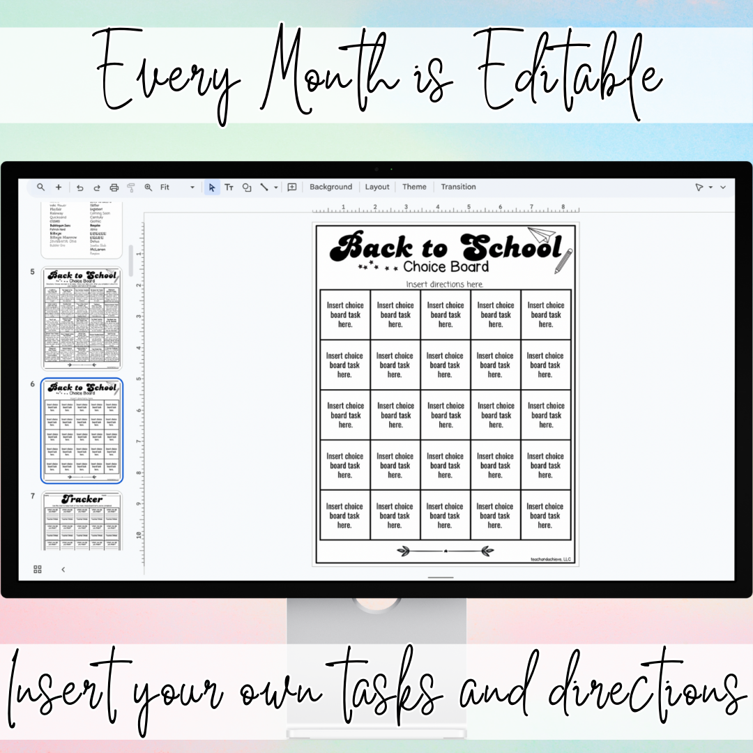 Monthly editable choice boards bundle for students featuring themed boards for each month including back to school, holidays, and end of year activities.