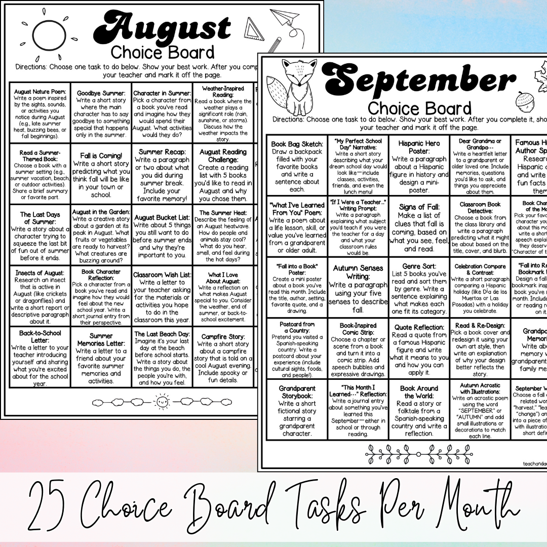 Monthly editable choice boards bundle for students featuring themed boards for each month including back to school, holidays, and end of year activities.