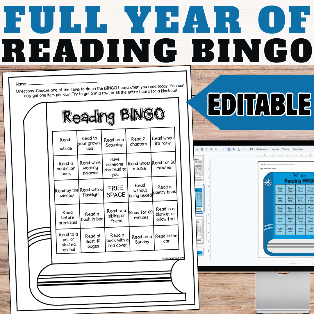 Full year of reading bingo boards resource featuring an editable reading bingo template designed to motivate students’ independent reading.