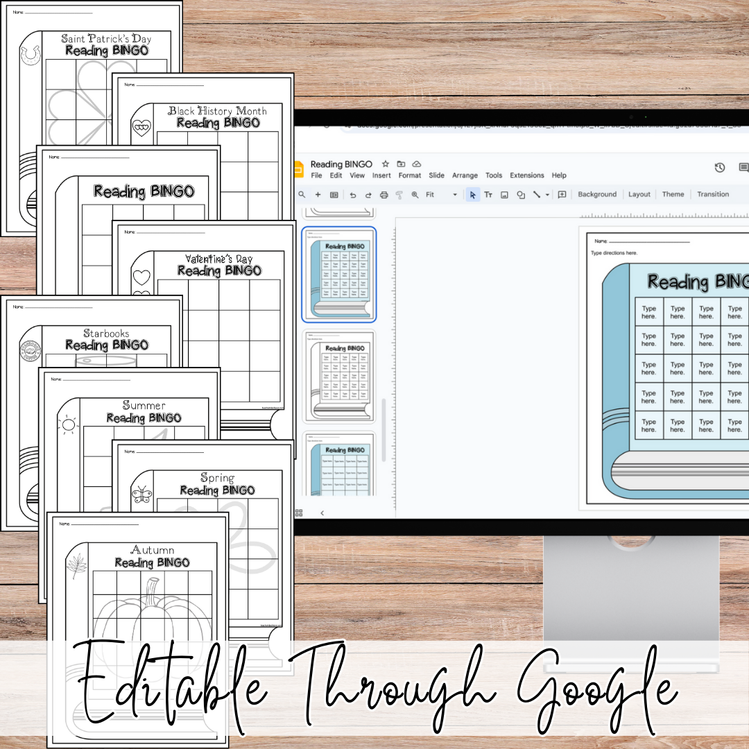 Full year of reading bingo boards resource featuring an editable reading bingo template designed to motivate students’ independent reading.