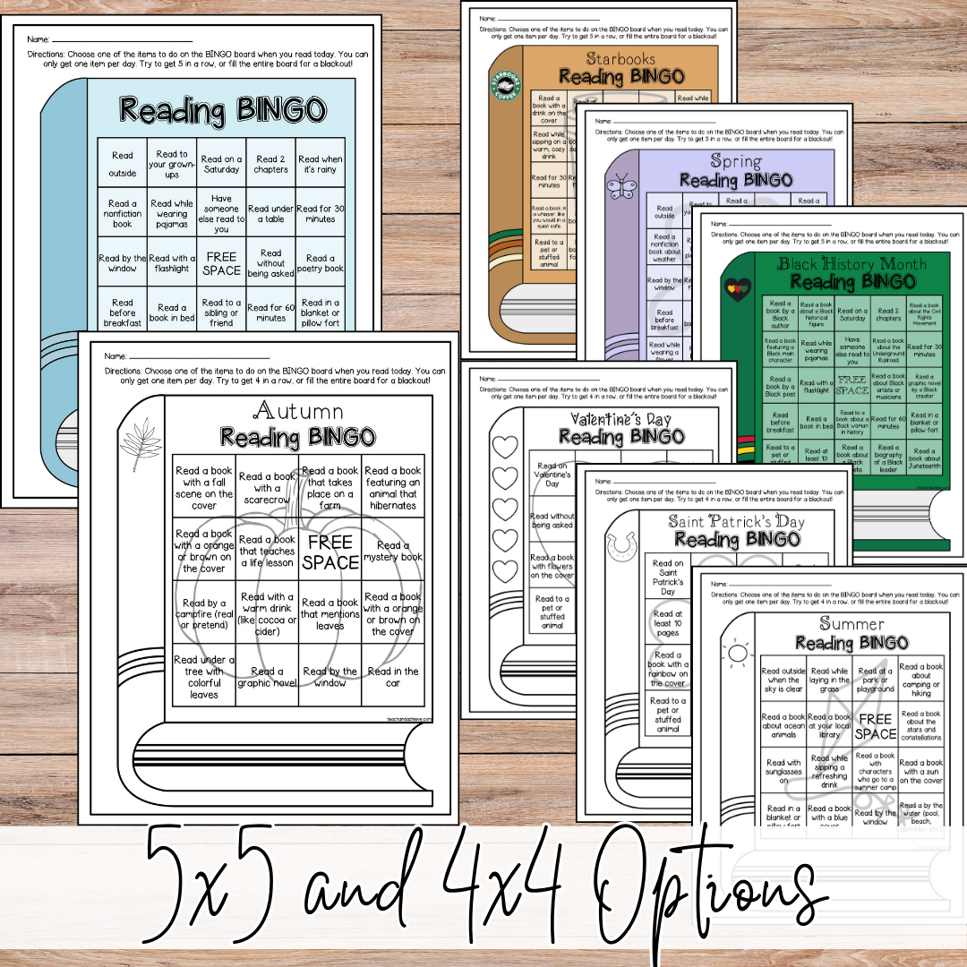 Full year of reading bingo boards resource featuring an editable reading bingo template designed to motivate students’ independent reading.