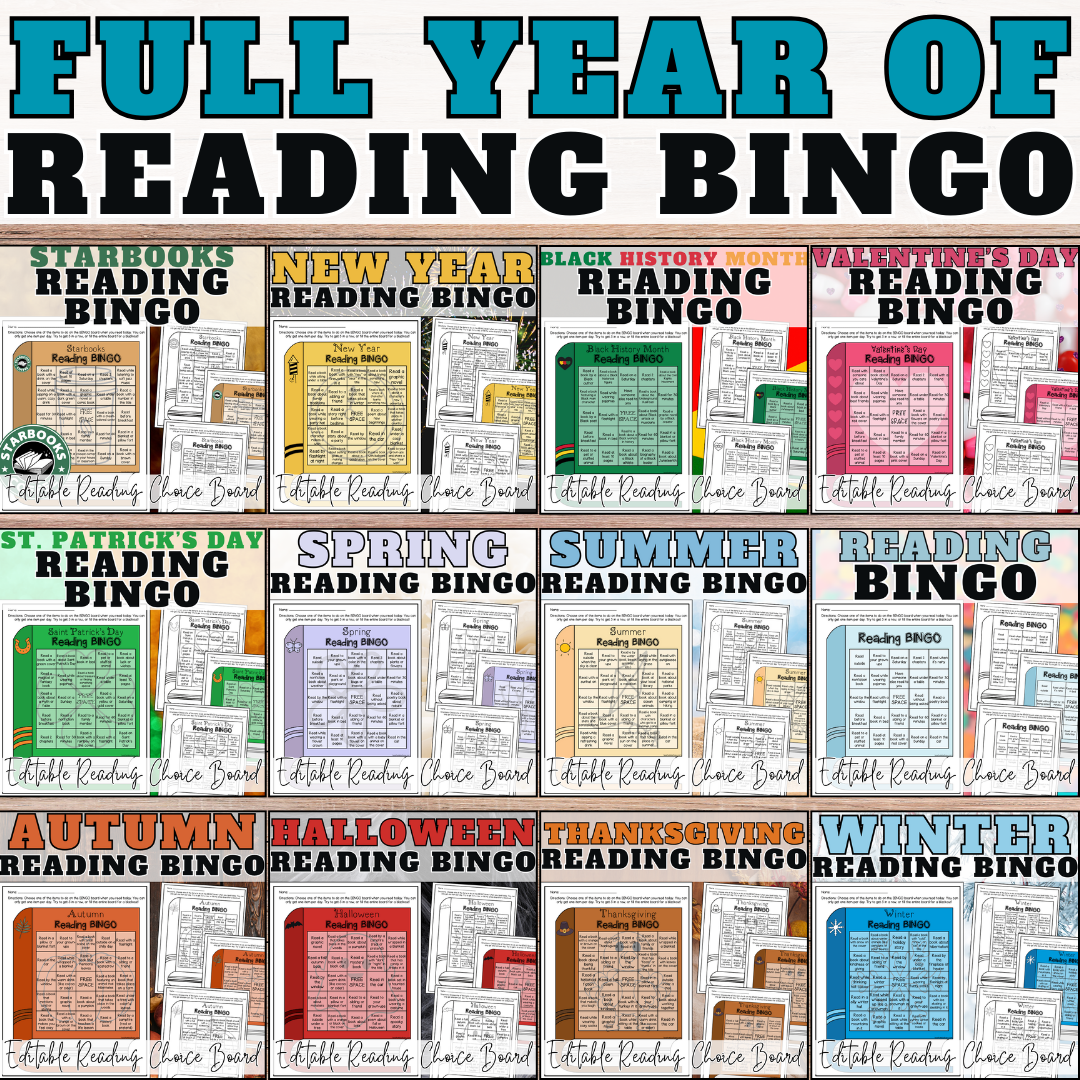 Full year of reading bingo boards resource featuring an editable reading bingo template designed to motivate students’ independent reading.