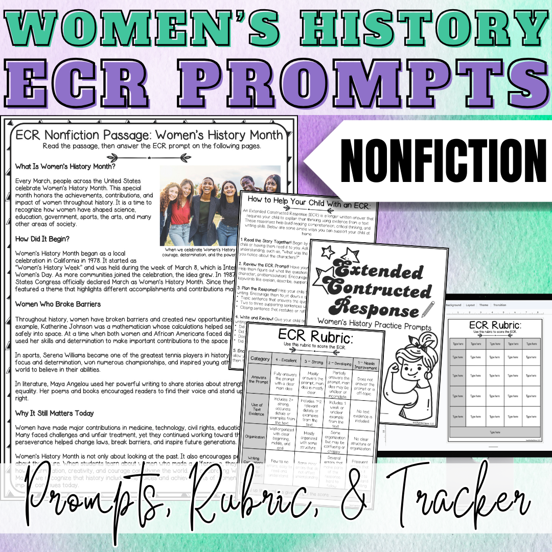 March Women's History Month ECR Practice Writing Prompt Passage, Editable Nonfiction Extended Constructed Response 3rd 4th 5th Grade