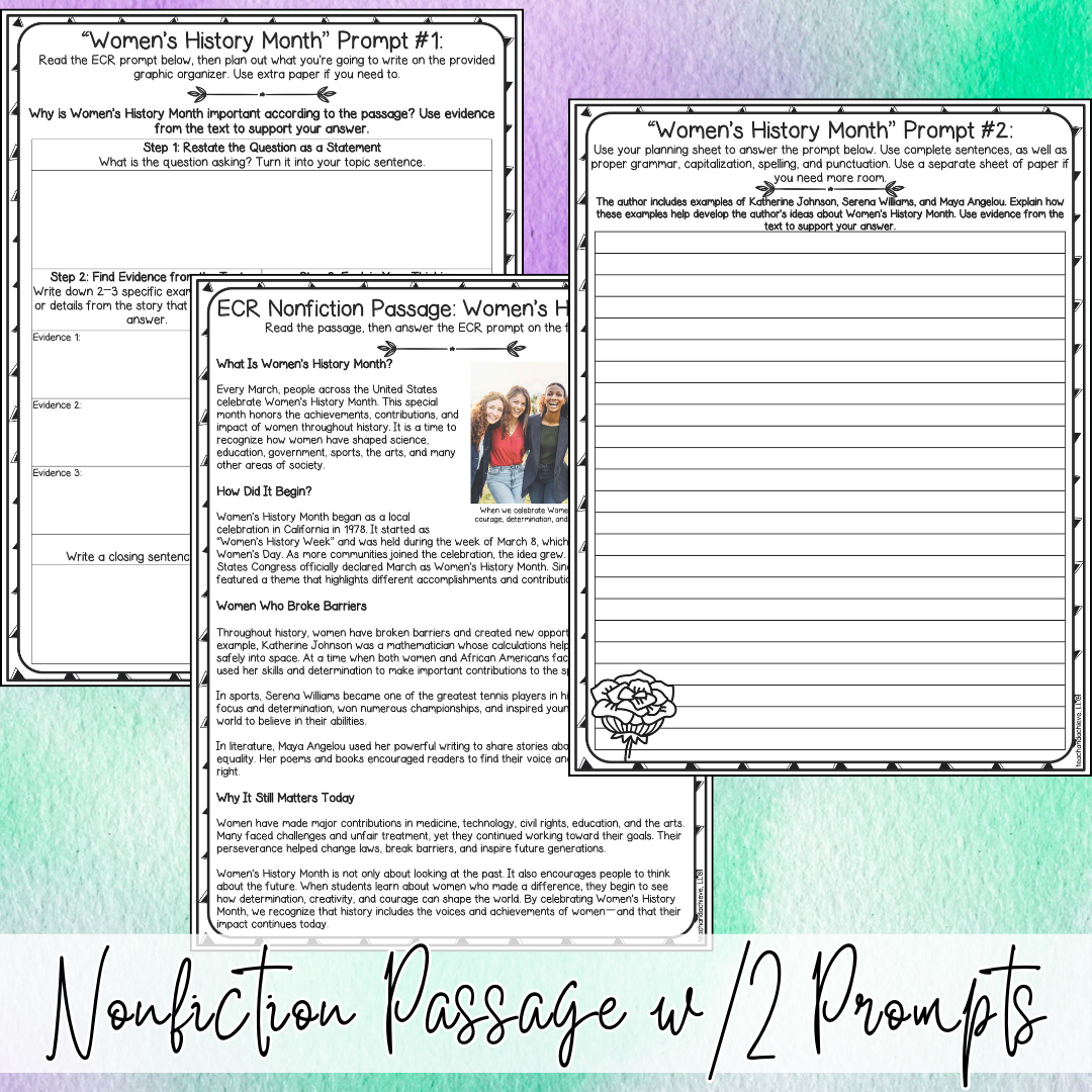 March Women's History Month ECR Practice Writing Prompt Passage, Editable Nonfiction Extended Constructed Response 3rd 4th 5th Grade