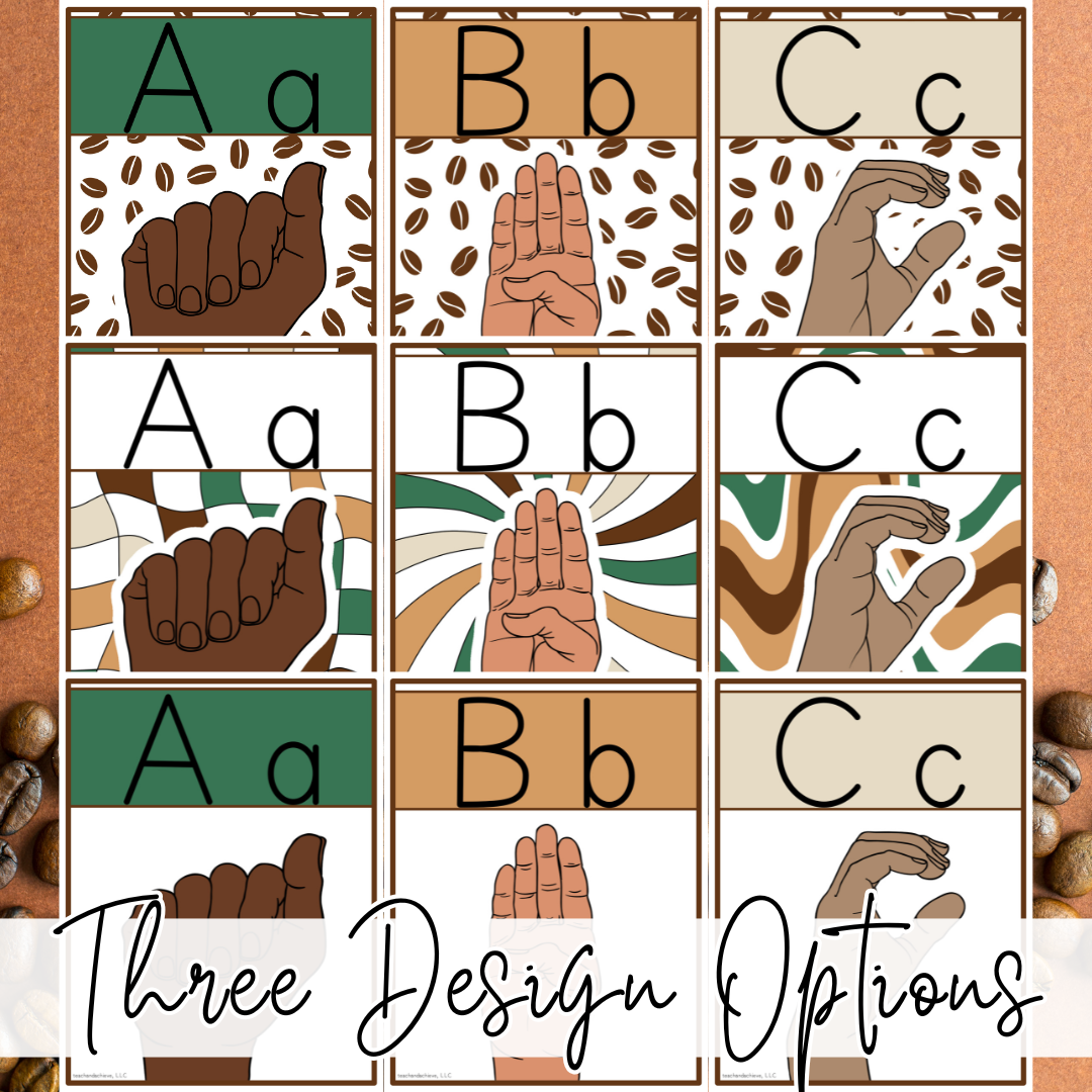 Starbooks Coffee Classroom Alphabet Posters with ASL Sign Language | Coffee Theme Decor