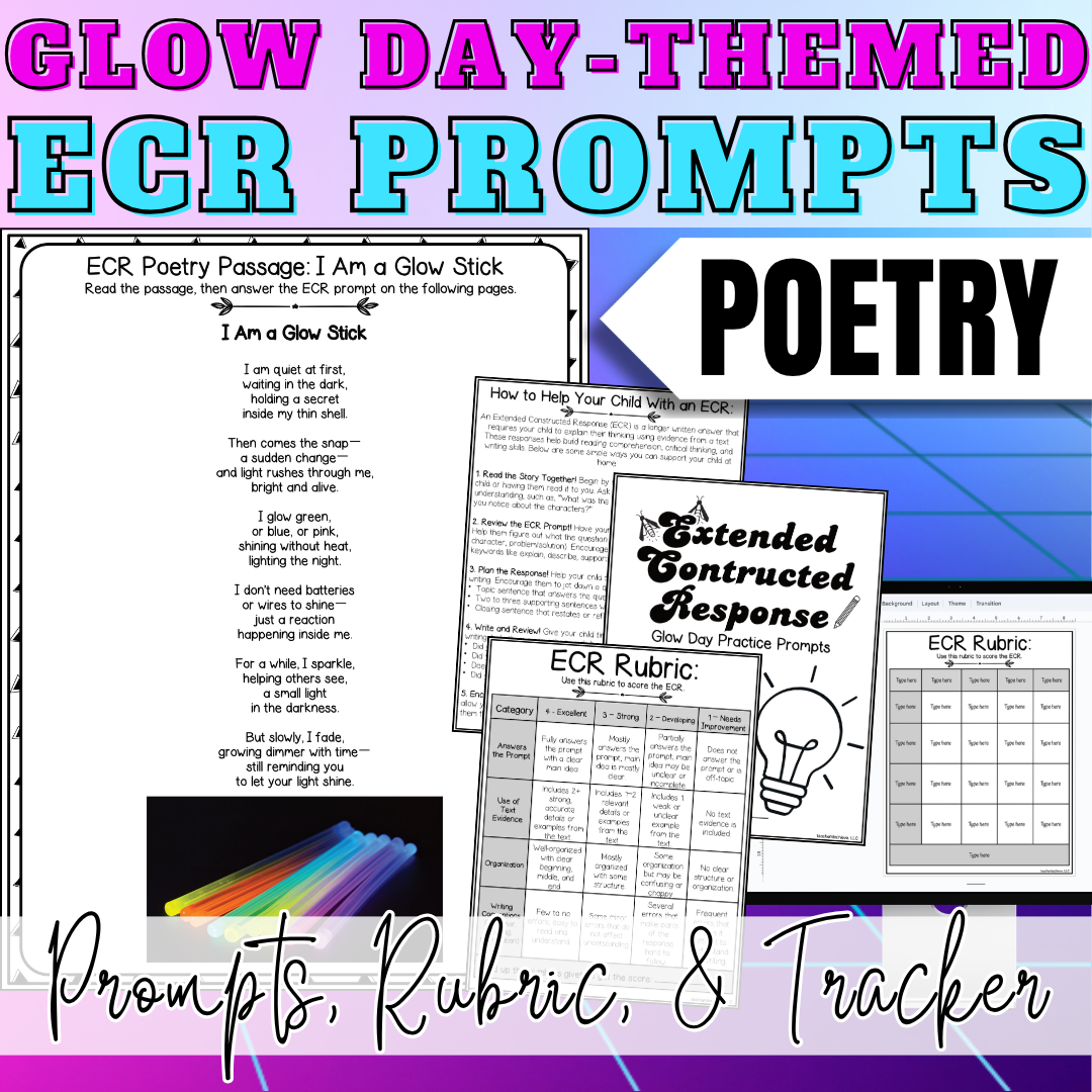 Glow Day ECR Practice Writing Prompt Passage, Editable Poetry Extended Constructed Response 3rd 4th 5th Grade