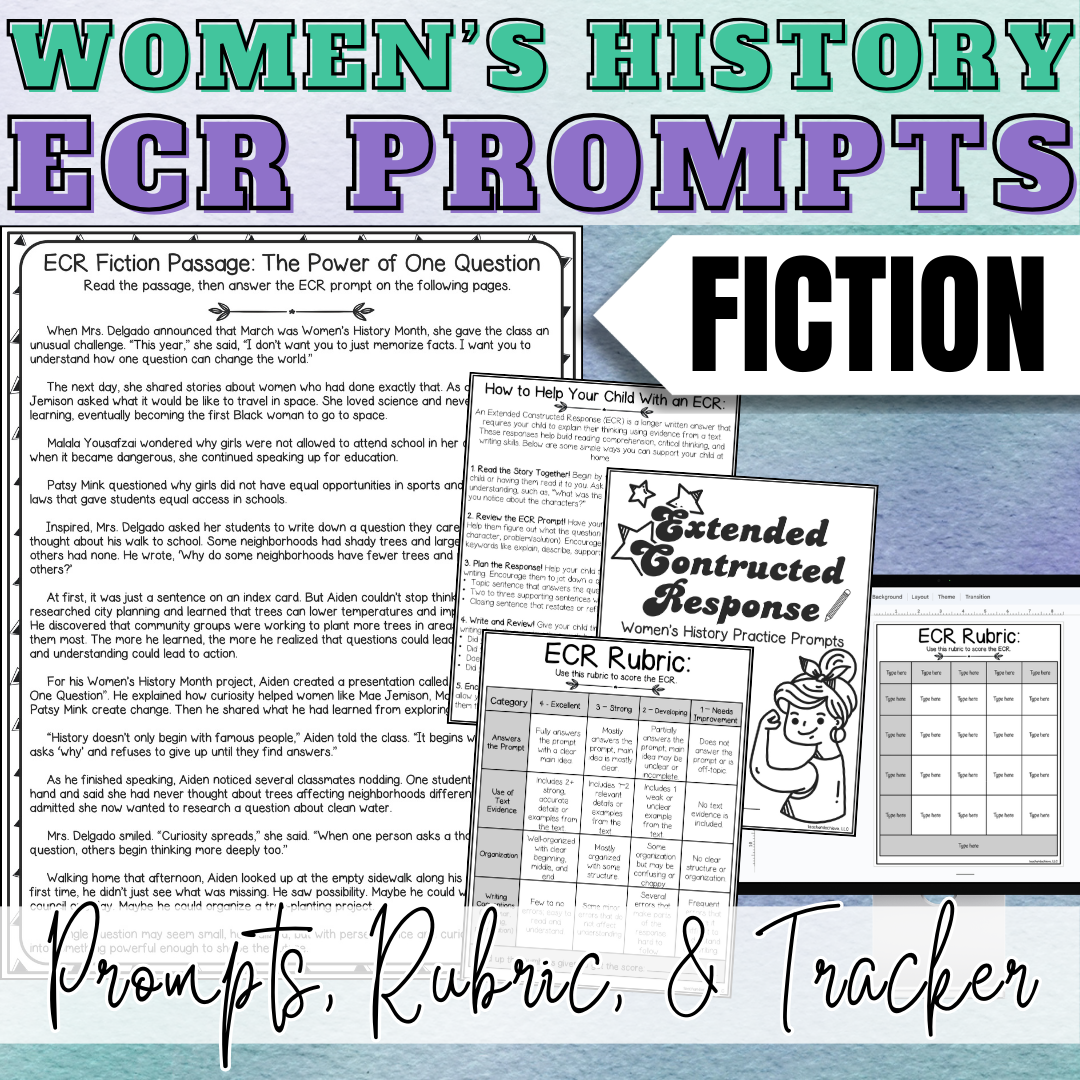 March Women's History Month ECR Practice Writing Prompt Passage, Editable Fiction Extended Constructed Response 3rd 4th 5th Grade