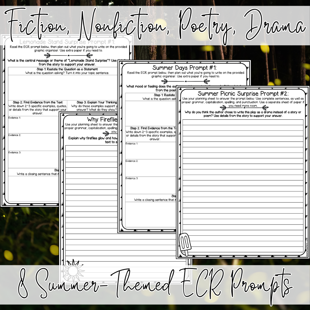 Summer ECR Writing Prompts | Extended Constructed Response Practice | June & July Reading Comprehension Test Prep | 3rd Grade, 4th Grade, 5th Grade