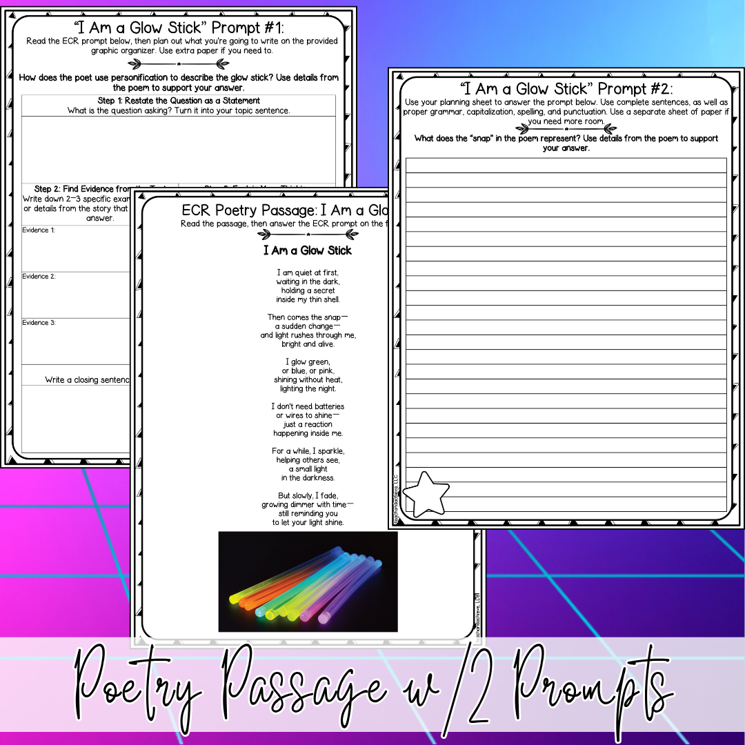 Glow Day ECR Practice Writing Prompt Passage, Editable Poetry Extended Constructed Response 3rd 4th 5th Grade
