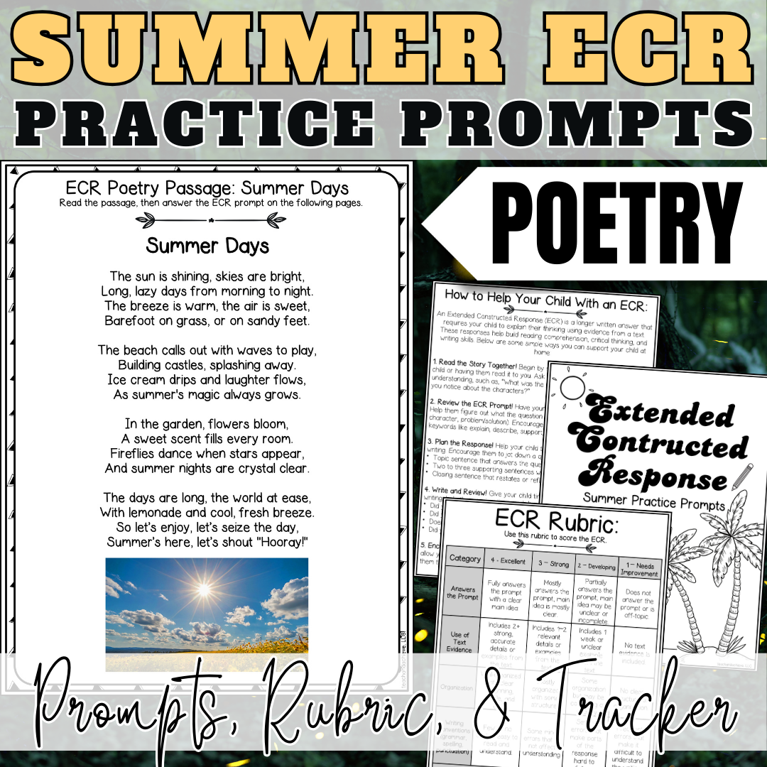 Summer ECR Writing Prompts | Poetry Extended Constructed Response Practice | Reading Comprehension Test Prep |  3rd Grade, 4th Grade, 5th Grade