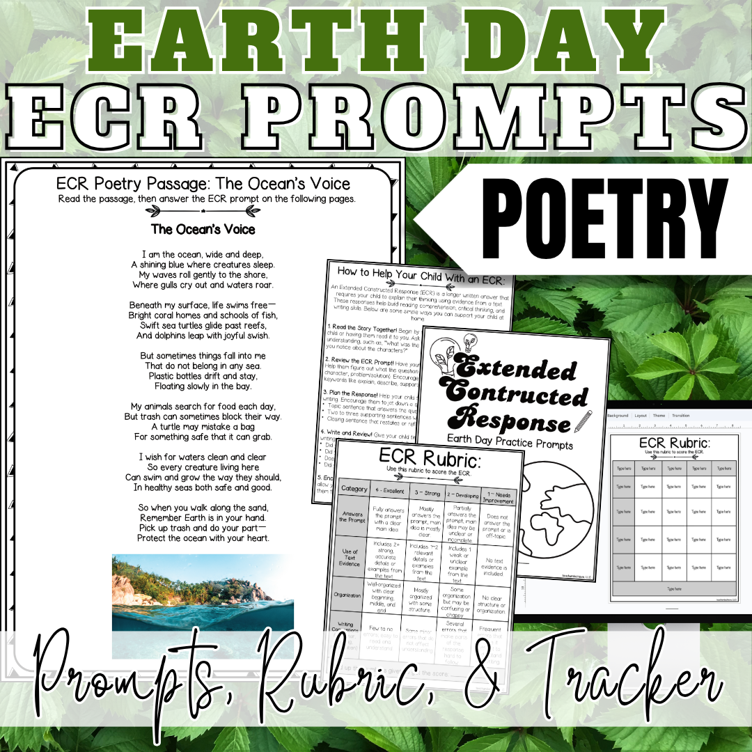April Earth Day ECR Practice Writing Prompt Passage, Editable Poetry Extended Constructed Response 3rd 4th 5th Grade