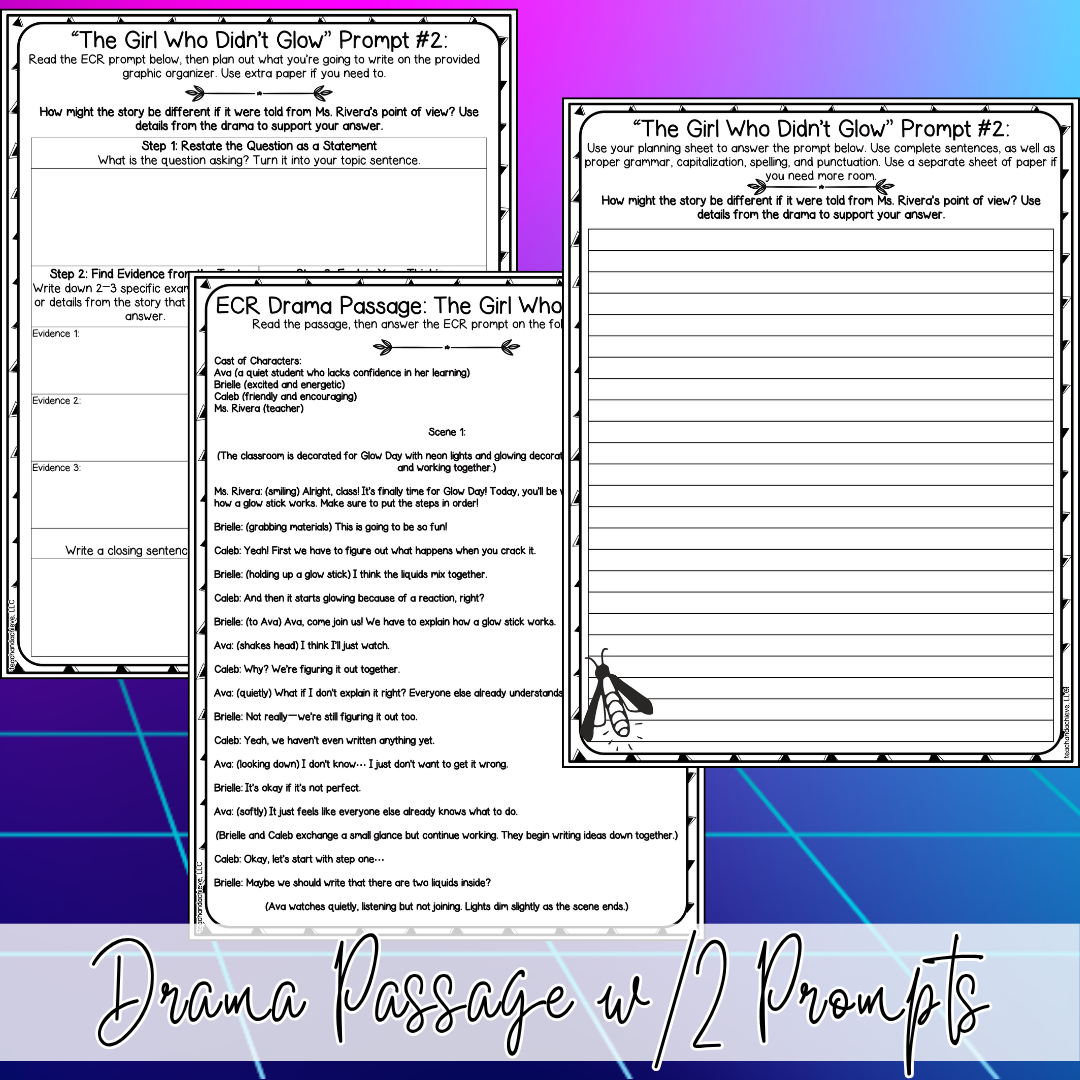 Glow Day ECR Practice Writing Prompt Passage, Editable Drama Extended Constructed Response 3rd 4th 5th Grade