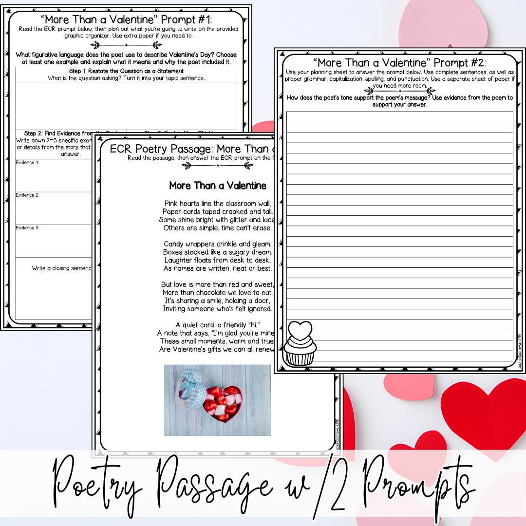 February Valentine's Day ECR Practice Writing Prompt Passage, Editable Poetry Extended Constructed Response 3rd 4th 5th Grade