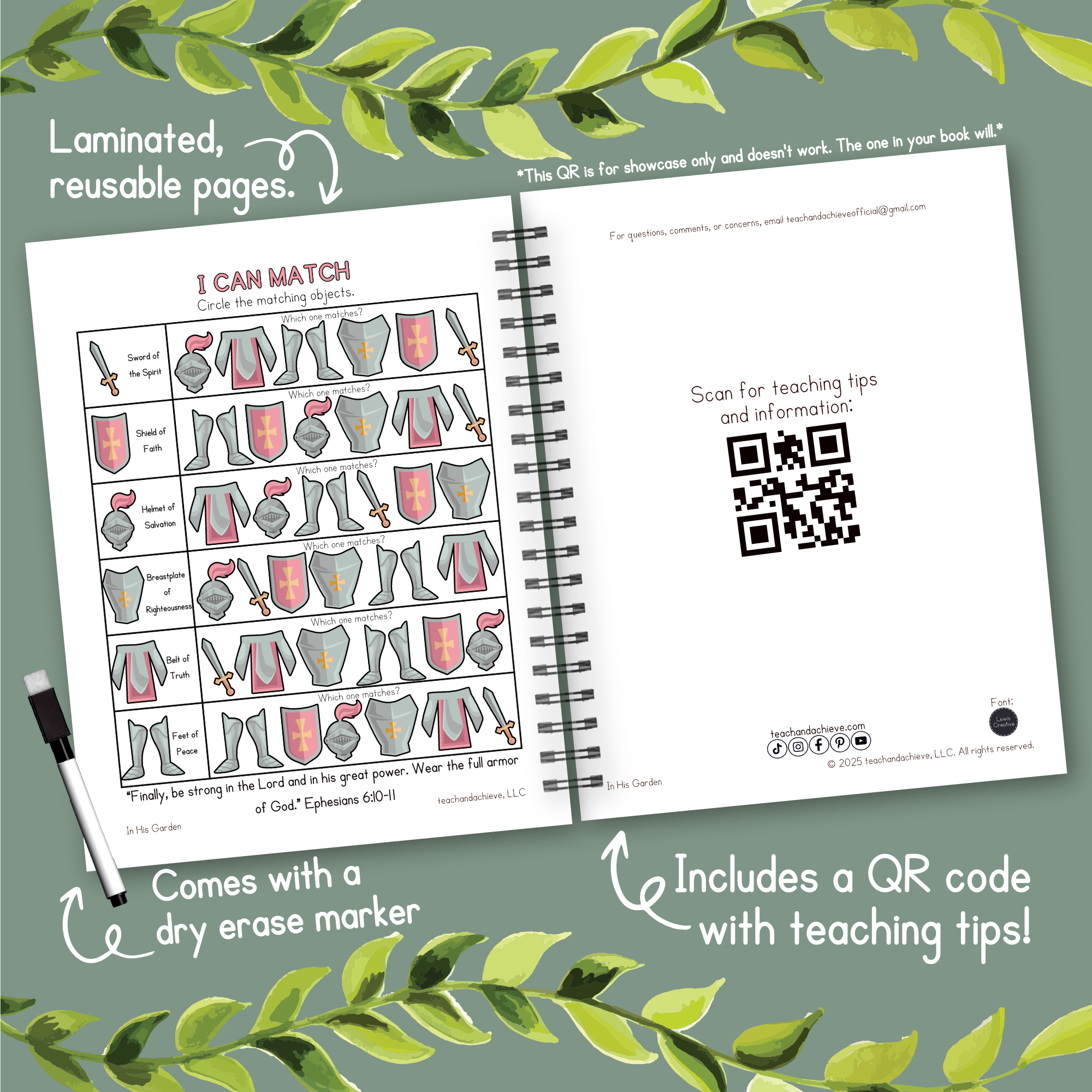 An image of a dry-erase, reusable Christian Preschool Workbook with a dry erase marker.