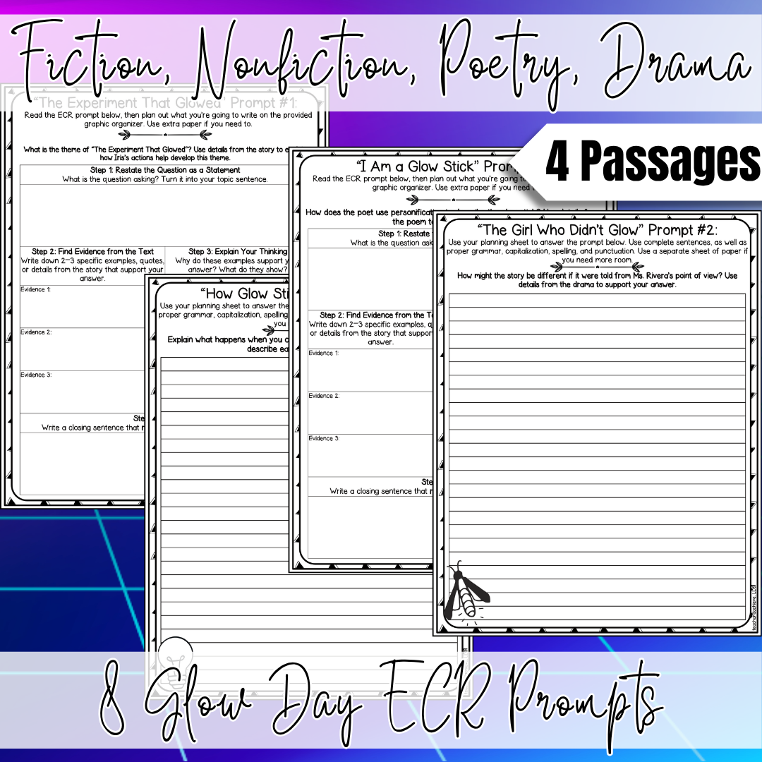 Glow Day ECR Practice Writing Prompt Passage, Editable Extended Constructed Response Bundle 3rd 4th 5th Grade