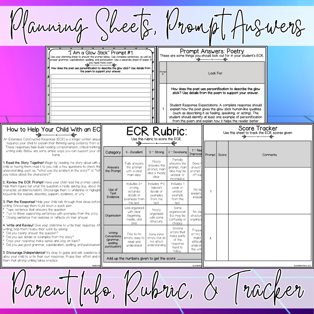 Glow Day ECR Practice Writing Prompt Passage, Editable Poetry Extended Constructed Response 3rd 4th 5th Grade