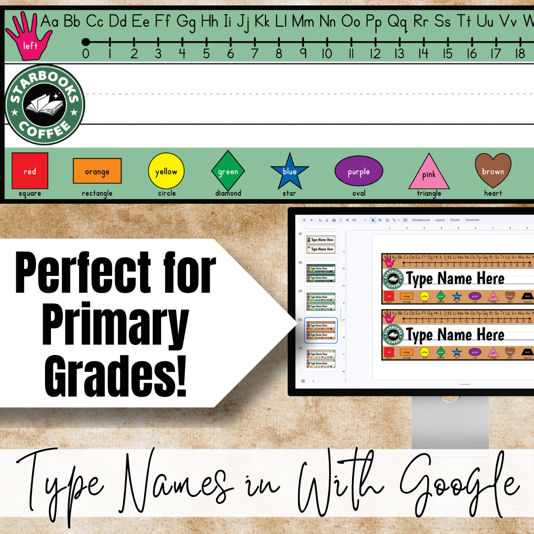 Starbooks Coffee Classroom Decor Editable Name Plates & Desk Tags with Reference Tools
