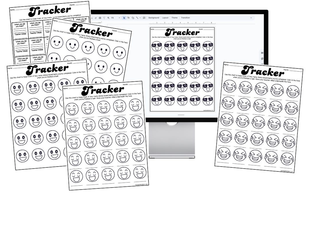 Set of printable reward and behavior charts featuring different happy and expressive face icons for tracking tasks, completed on a computer screen.